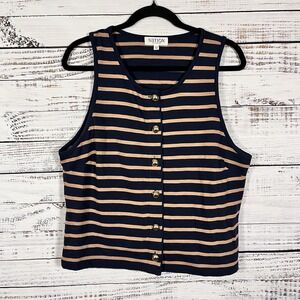 Nation LTD Abbie Tank Blouse Size 2X Navy Blue Latte Stripes Large Gold Buttons